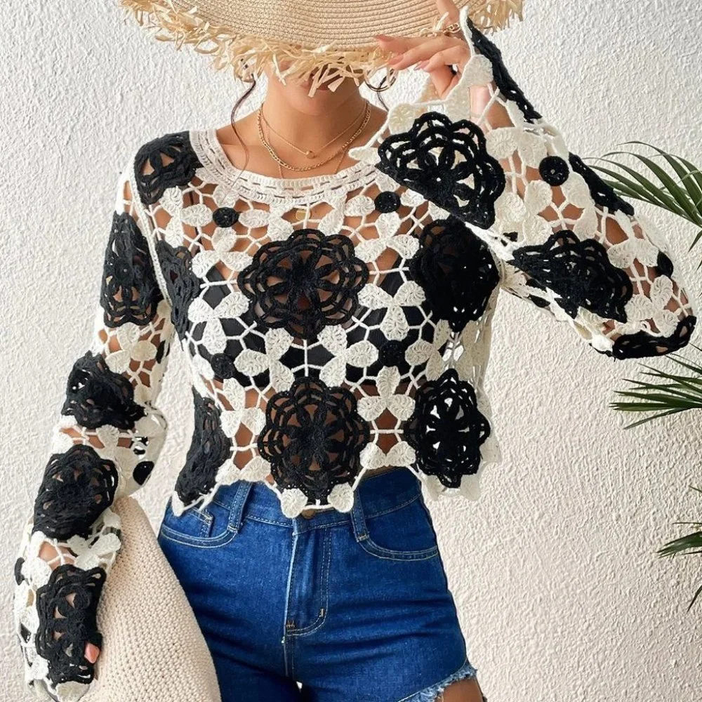 Boho Colorblock Scallop Trim Hollow Out Cover Up